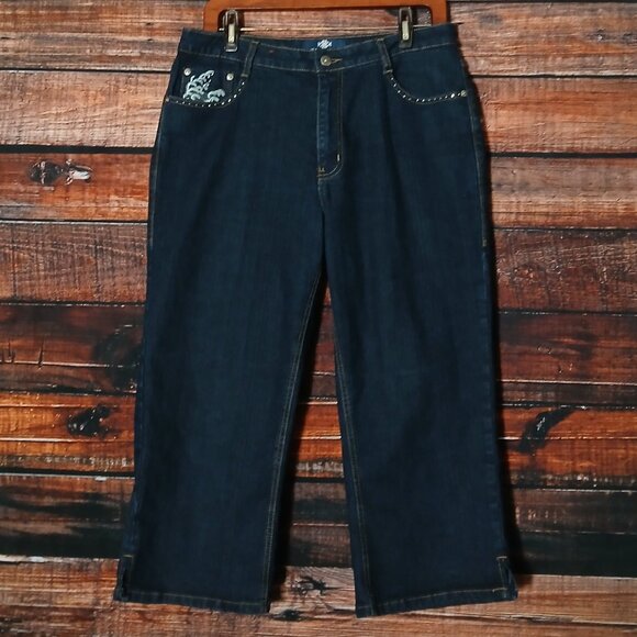 JeanBay Capri Jeans Plus Size 14 W Dark Ramie Denim Embroidered Wave - Picture 2 of 11